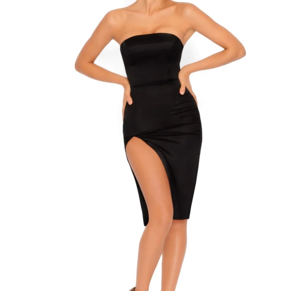 Oh Polly Black Satin Strapless Dress With High Slit Detail
